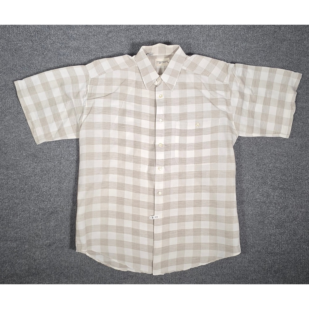 JT Beckett Mens Short Sleeve Linen Blend Plaid Button Up Shirt Tan White Size M